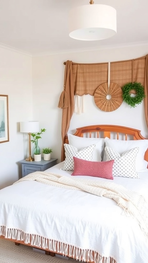 A cozy bedroom featuring a mix of farmhouse and boho decor styles, with white linens, decorative pillows, and natural textures.