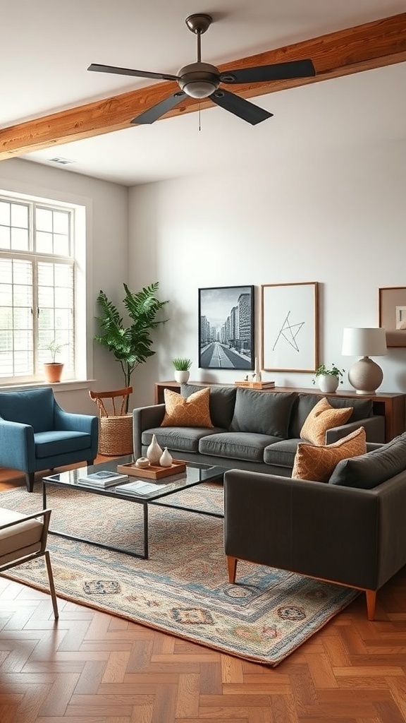 A stylish living room featuring a gray sofa, blue accent chair, and a glass coffee table on a patterned rug.