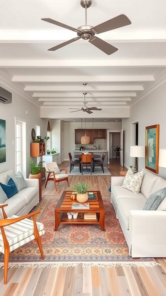 A stylish living room featuring a mix of modern and mid-century furniture, with light-colored sofas, wooden chairs, and a patterned rug.
