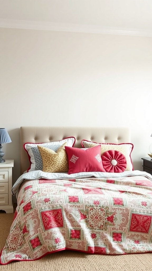 A cozy bed with a patchwork quilt and colorful decorative pillows, showcasing an eclectic style.
