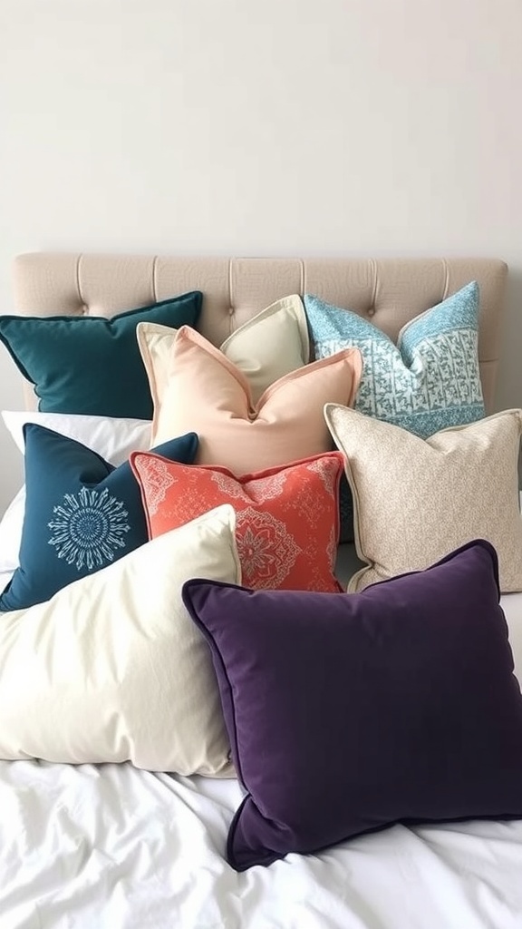 A variety of colorful and patterned pillows arranged on a bed.