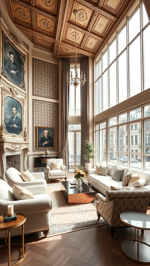 Ein elegantes Wohnzimmer mit hohen Fenstern, klassischen Portraits an den Wänden und einer Mischung aus modernen und traditionellen Möbeln.