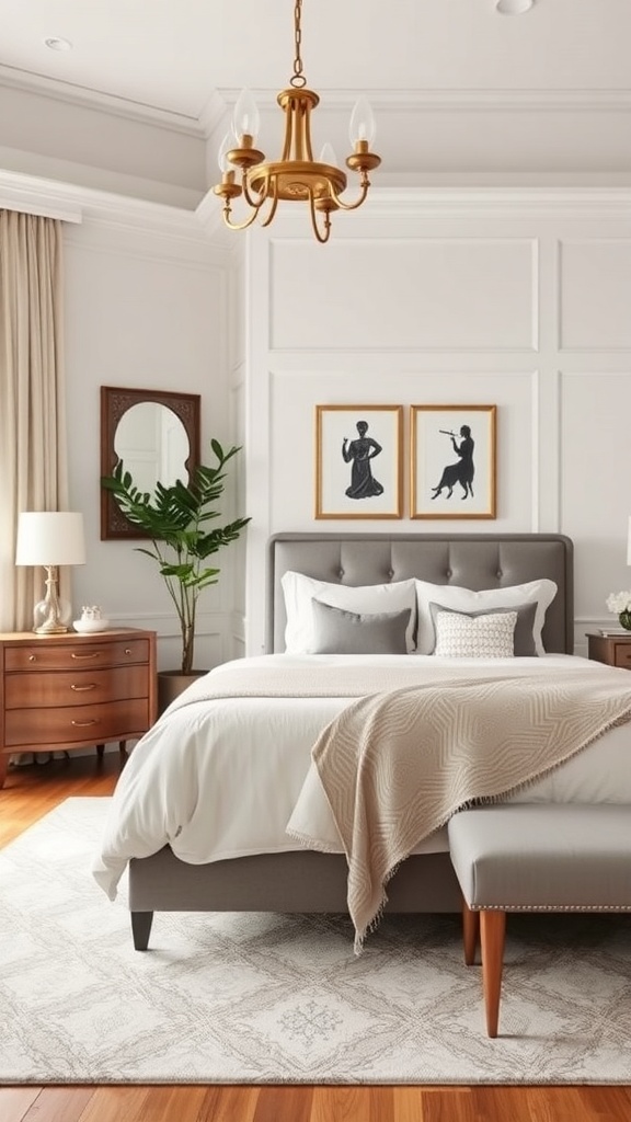 A cozy bedroom featuring a mix of modern and vintage styles, with a gray bed, wooden furniture, and elegant chandelier.
