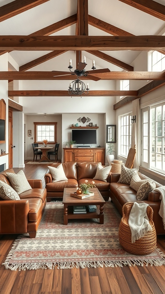 A rustic farmhouse living room featuring leather sofas, a woven rug, and wooden beams.