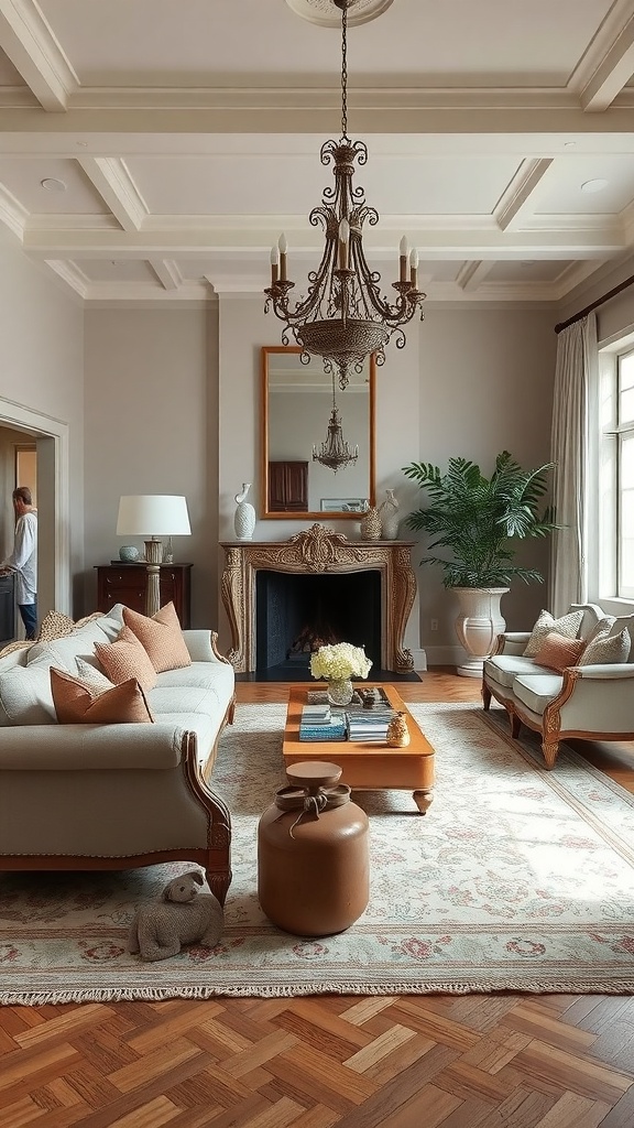 A stylish living room featuring a blend of antique and modern decor, with a chandelier, ornate fireplace, and contemporary furniture.