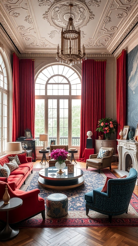 Ein stilvoller Raum mit kirschroten Sofas, blauen Stühlen und eleganten Vorhängen, der verschiedene Einrichtungsstile kombiniert.