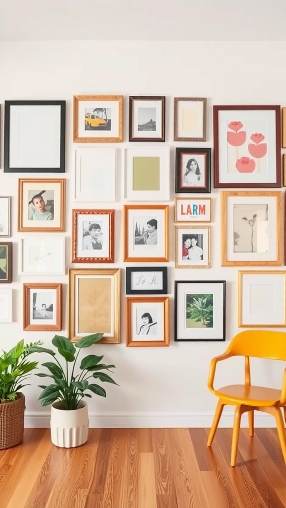A gallery wall featuring a mix of different frames and artwork, with a plant and chair in the foreground.