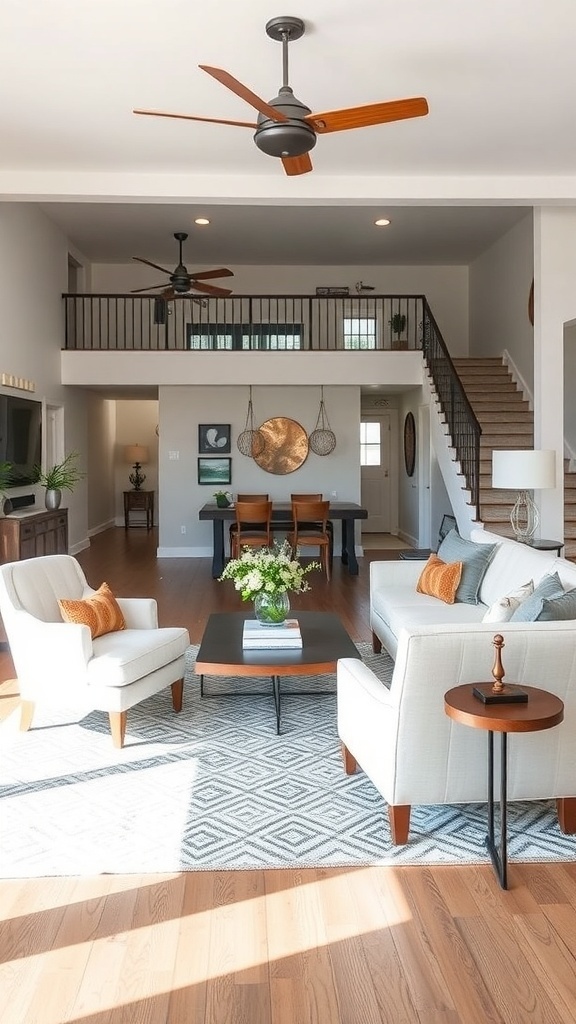 A cozy living room featuring a mix of modern and antique furniture, with light-colored sofas, a stylish coffee table, and warm wooden accents.