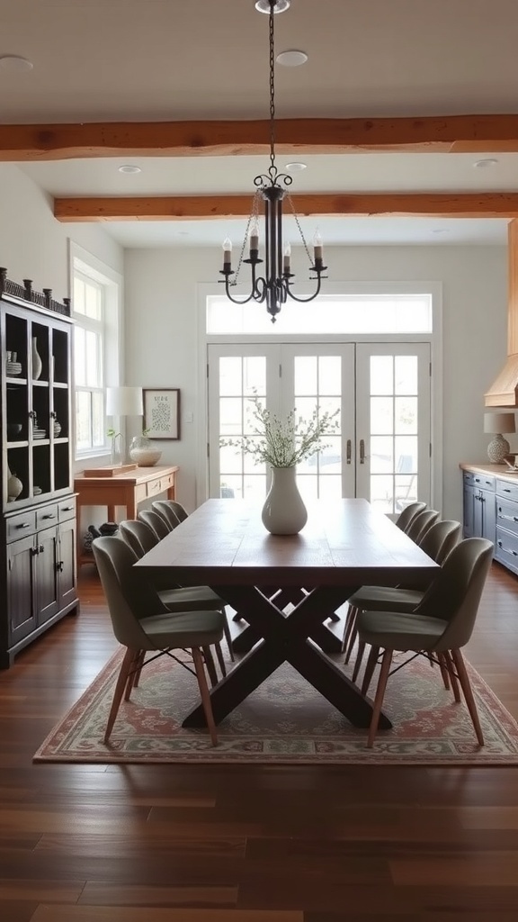 A modern farmhouse dining area featuring a large wooden table, modern chairs, and rustic wooden beams.