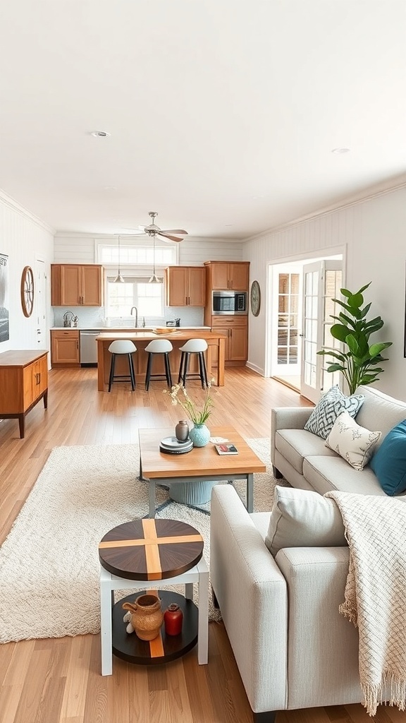 A modern farmhouse living space with a cozy couch, wooden furniture, and a stylish kitchen.