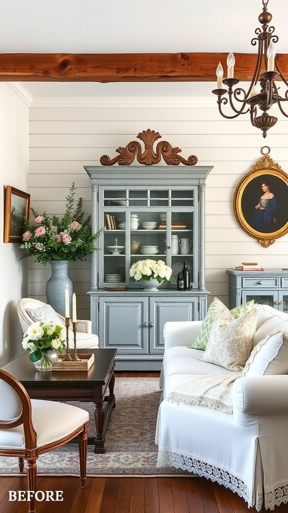 A cozy farmhouse living room featuring a gray vintage hutch, modern sofa, and elegant chandelier.
