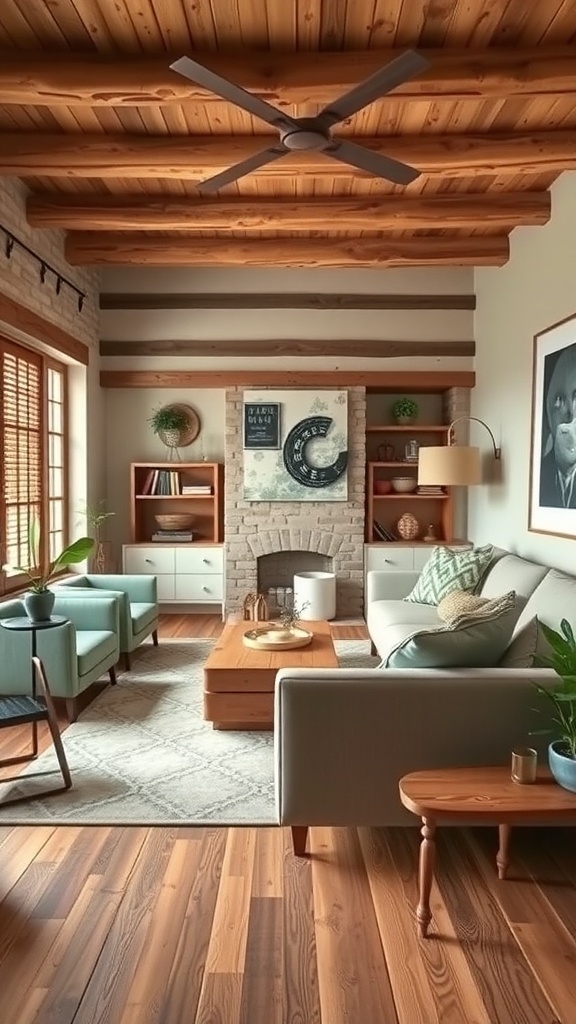 A cozy living room featuring a mix of modern and vintage furniture, with wooden beams, a brick fireplace, and light blue chairs.