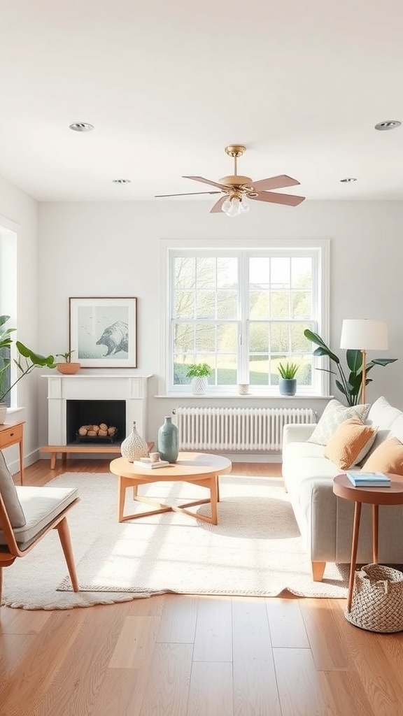 A cozy living room with modern and vintage decor, featuring a light sofa, wooden furniture, and plants.
