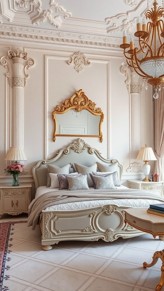 A beautifully styled Rococo bedroom featuring ornate moldings, a luxurious chandelier, and elegant furniture.