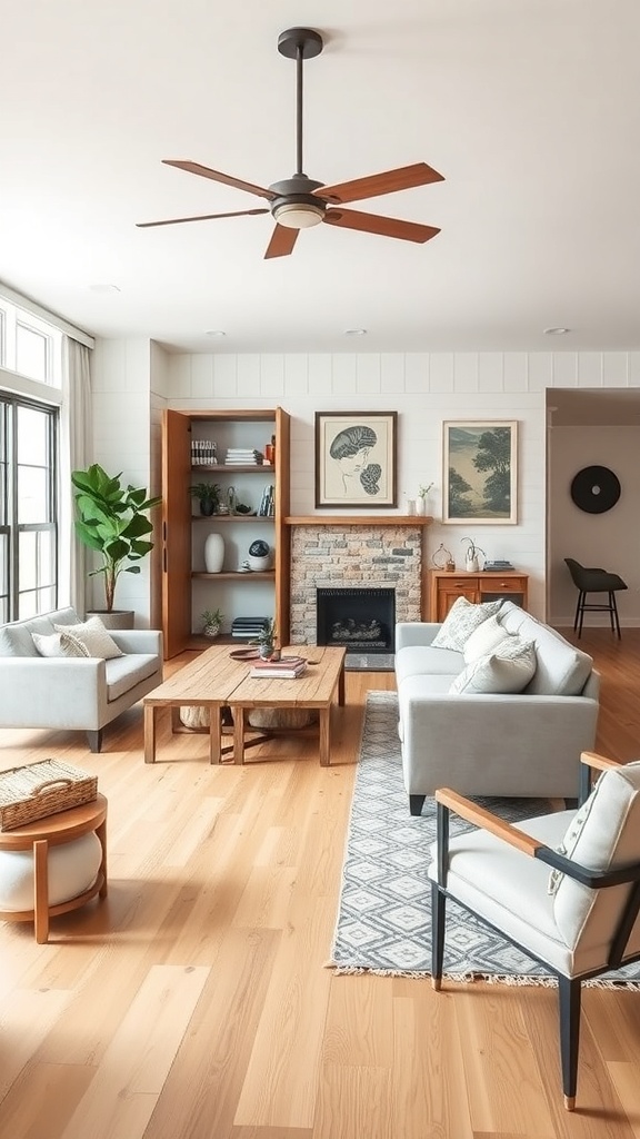 A modern living room featuring gray sofas, a wooden coffee table, and rustic decor elements.