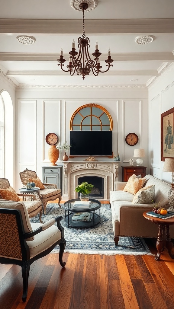 A cozy living room featuring modern and vintage decor elements.