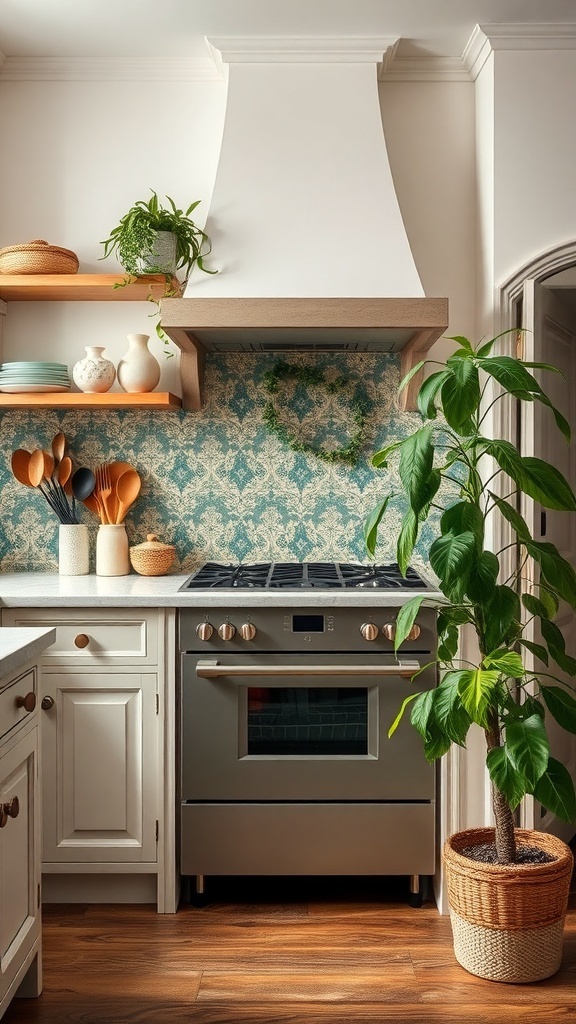 Eine moderne Küche mit weißen Schränken, Holzregalen und blauen Fliesen im Hintergrund.
