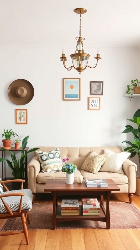 A cozy living room featuring a mix of vintage and modern decor, including a beige sofa, eclectic artwork, and plants.
