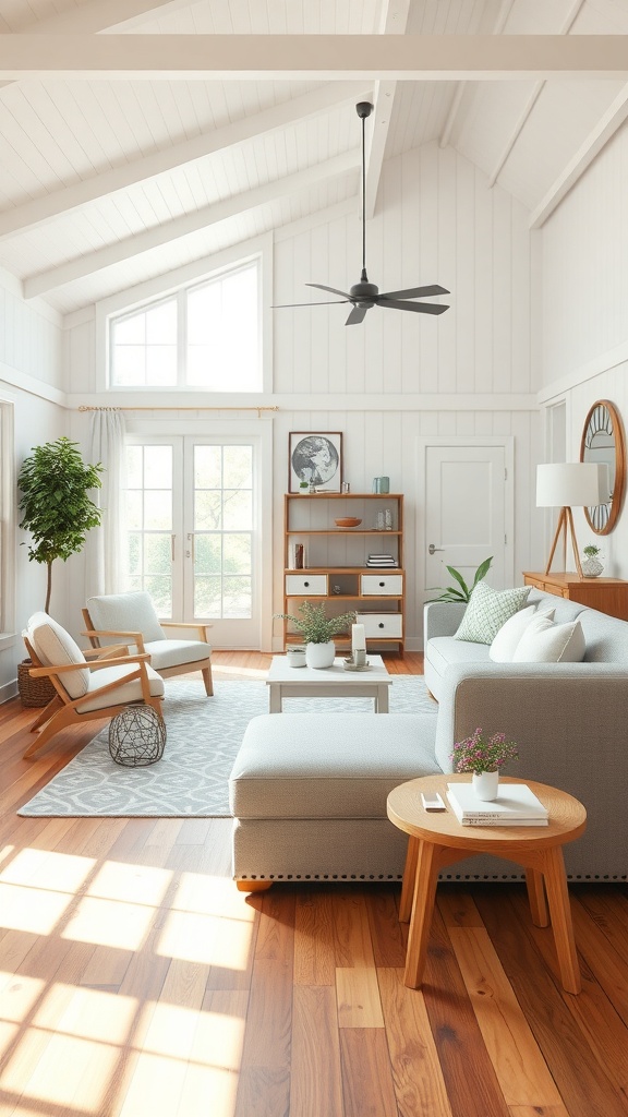Cozy living room with rustic wooden floors and modern furniture.