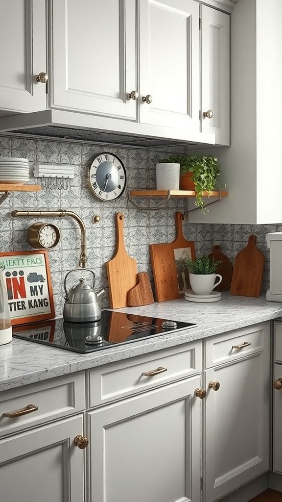 A stylish kitchen countertop featuring a mix of modern and vintage elements, including white cabinetry, wooden cutting boards, and a vintage clock.
