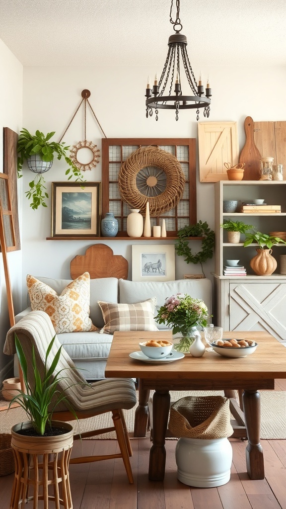 A cozy living area featuring a mix of rustic and modern decor, with a chandelier, vintage frames, and contemporary accessories.