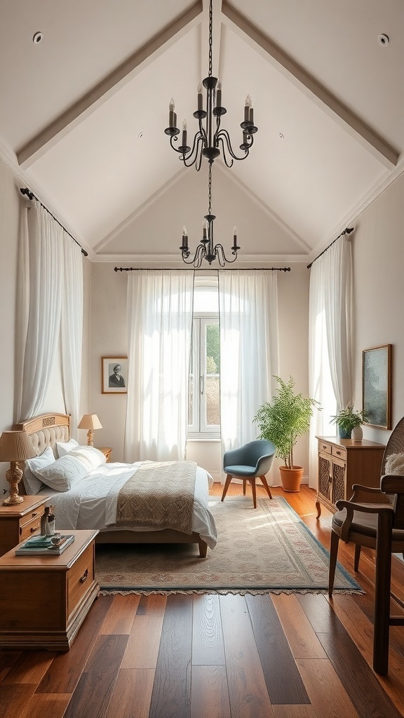 A cozy bedroom featuring a mix of traditional wooden furniture and modern decor elements, with a chandelier and natural light.