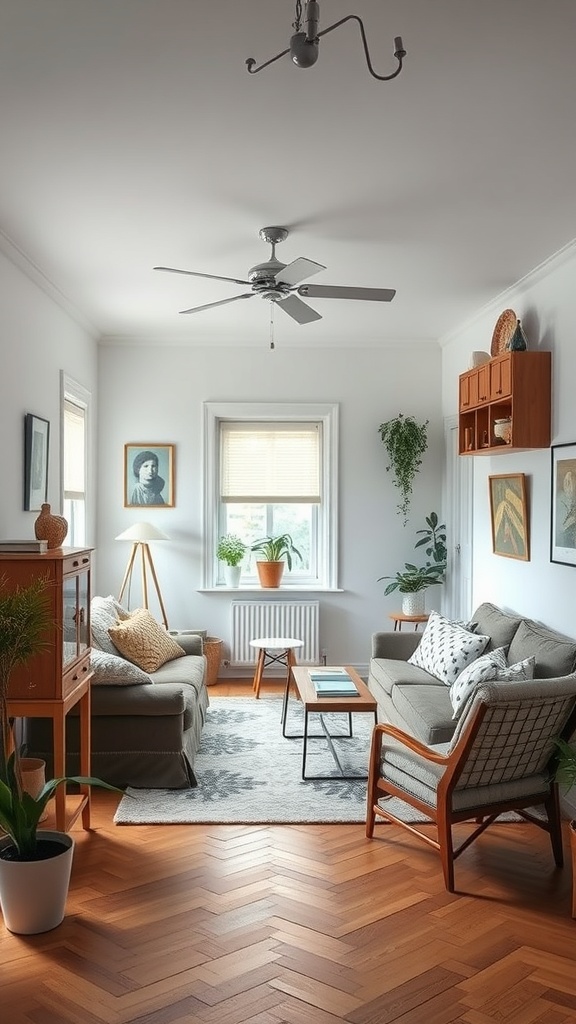 Cozy Scandinavian living room with a mix of vintage and modern furniture.