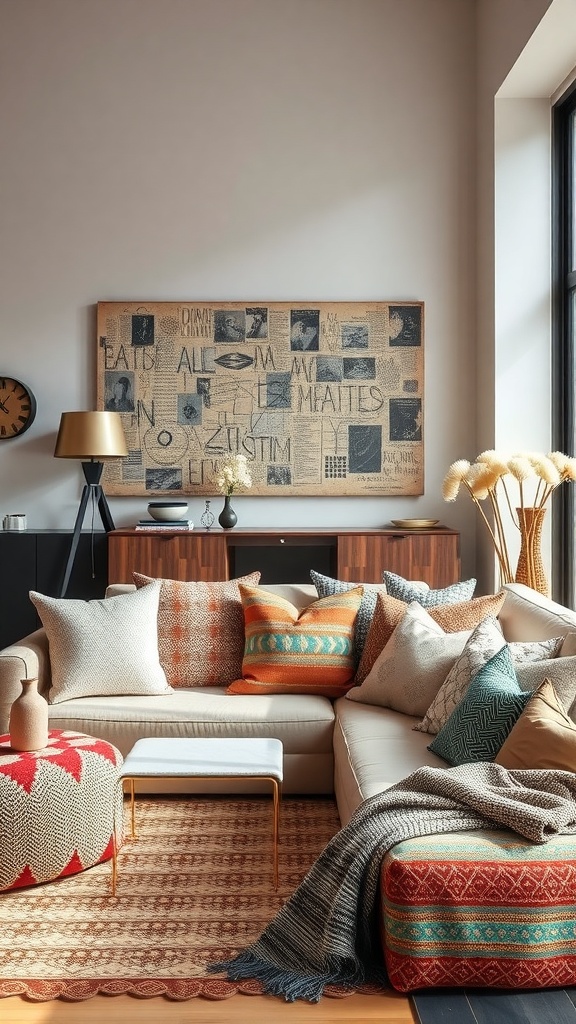 A cozy living room with a mix of patterned pillows, a colorful pouf, and a woven rug, showcasing modern boho decor.