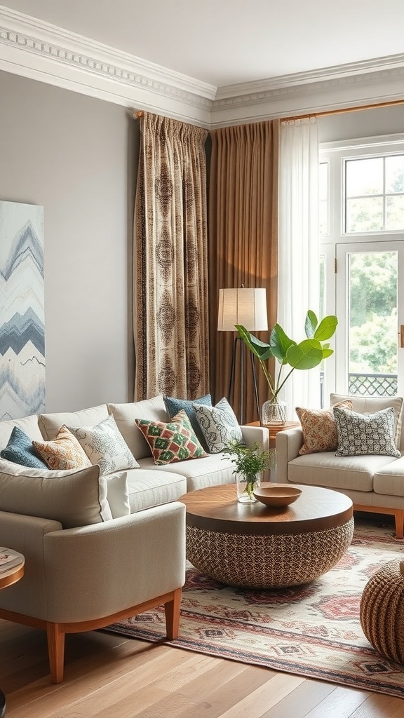 A cozy boho living room with a mix of patterned cushions, a woven coffee table, and natural elements.