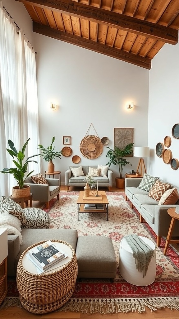 A cozy living room with a mix of patterns and textures, featuring plants, woven decor, and comfortable furniture.