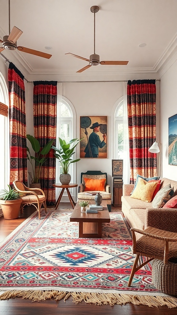 A cozy boho living room featuring patterned curtains, a colorful rug, and various textures.