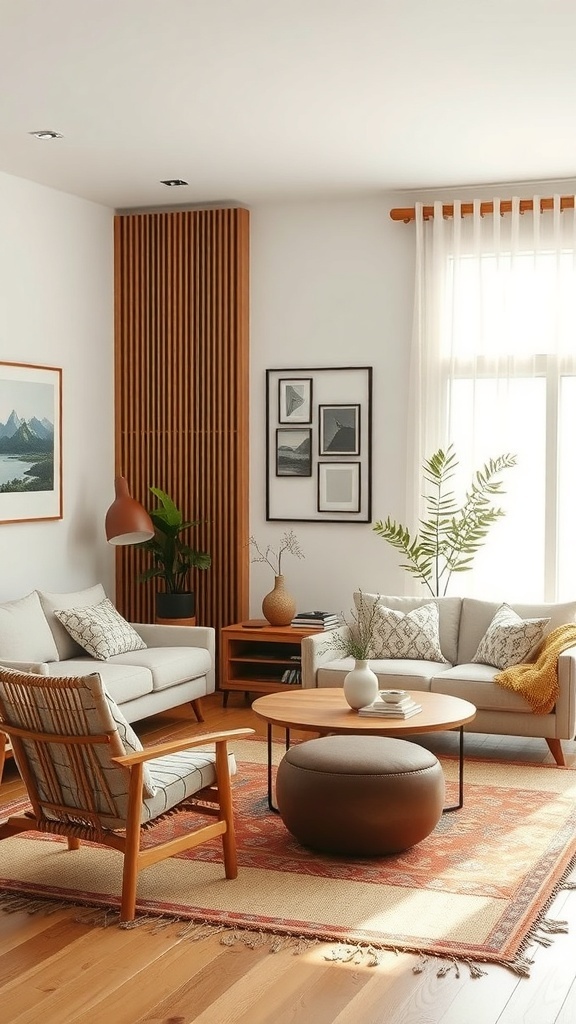 A cozy living room featuring Scandinavian and Japanese design elements, with light colors, wooden accents, and plants.