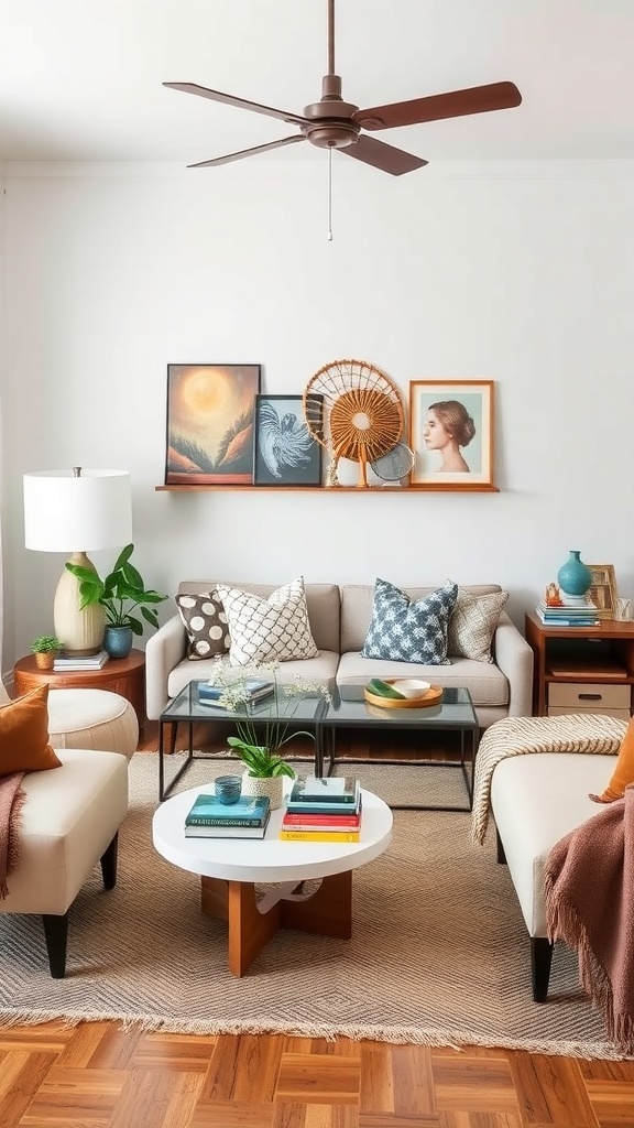 Cozy living room with a mix of modern and vintage decor, featuring a neutral sofa, colorful pillows, a unique coffee table, and various artworks on the wall.