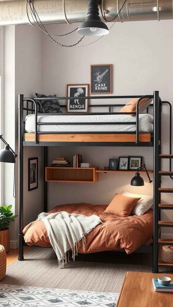 An industrial loft bed with a black metal frame and wooden accents, featuring a cozy lower bed area with warm bedding and decorative elements.