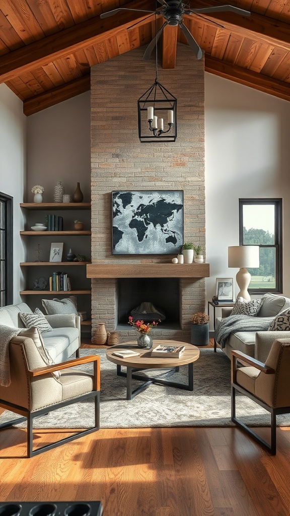 Cozy living room with wooden walls, stone fireplace, and mixed textures in decor.