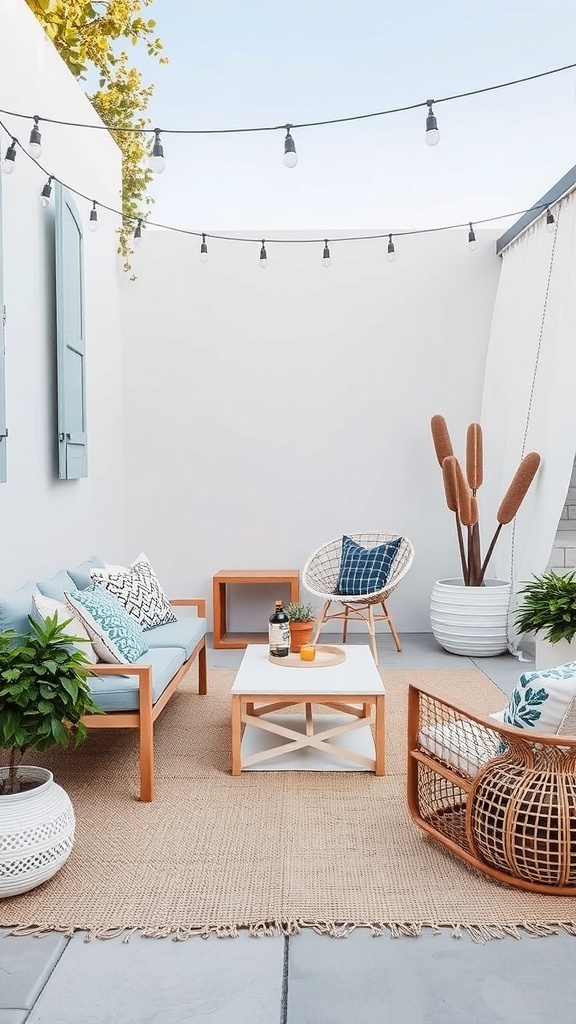 A minimalist patio featuring rattan furniture, cushions, and plants, showcasing a mix of textures.