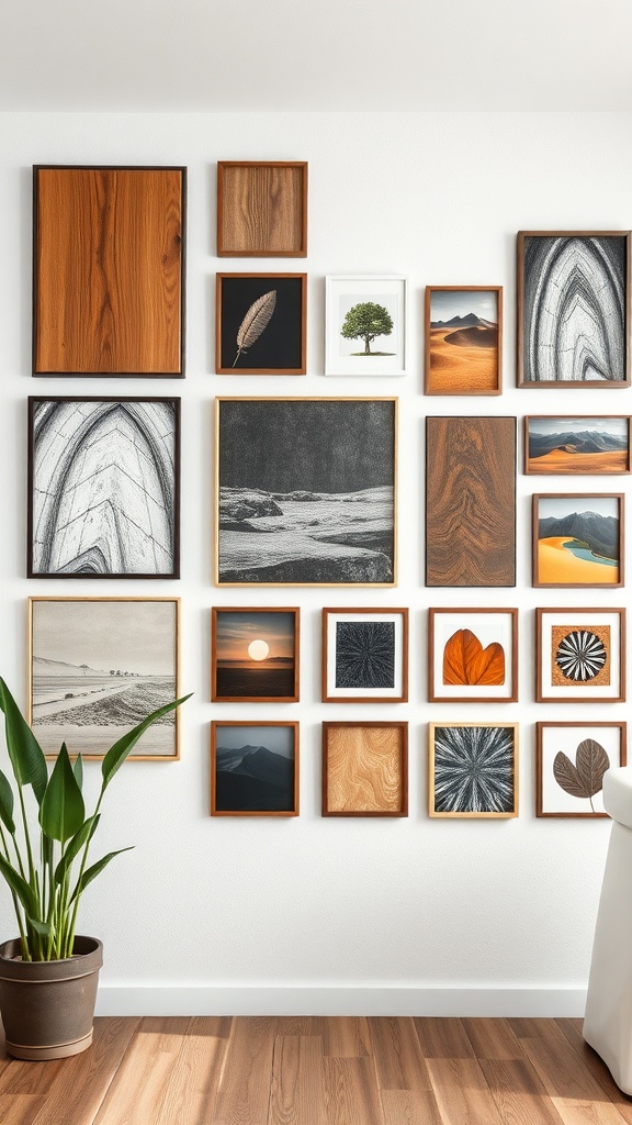 A gallery wall featuring a variety of framed artworks with different textures and styles.