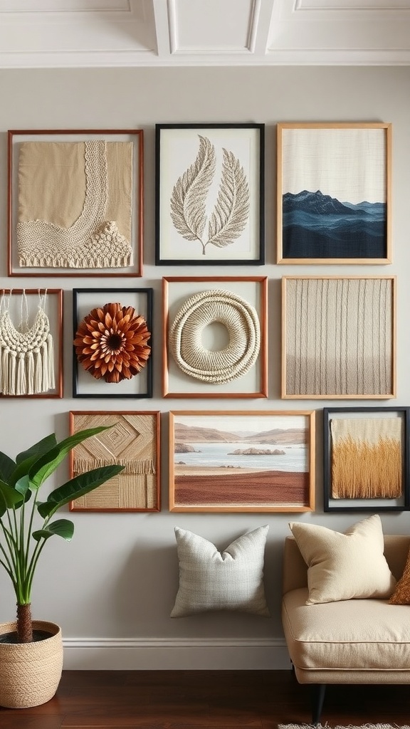 Gallery wall featuring framed fabric art with various textures and designs.
