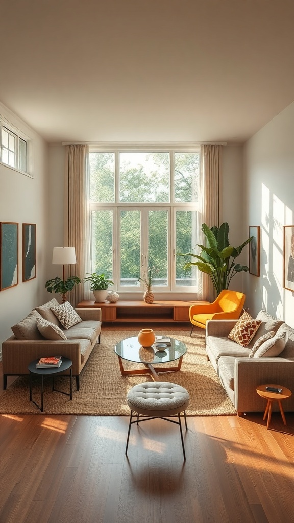 A cozy living room featuring a mix of vintage and contemporary furniture, with large windows and plants.