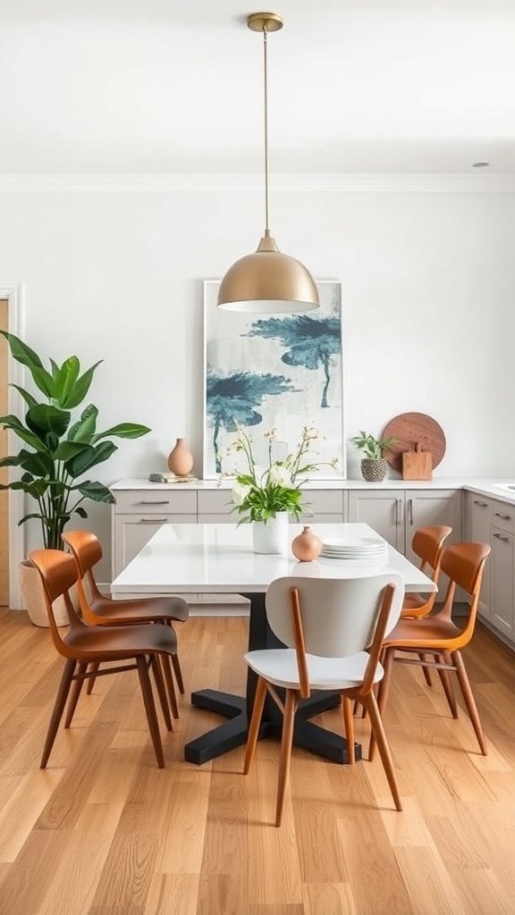 A modern kitchen with a mix of vintage and contemporary dining chairs around a white table.
