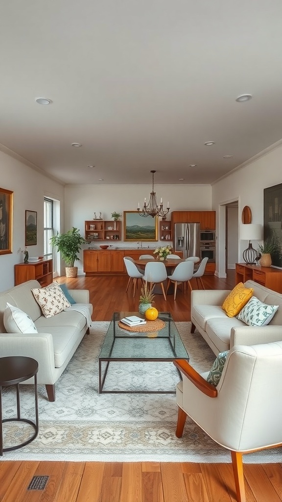 A cozy living room and dining area featuring a mix of vintage and modern furniture, with light sofas, a glass coffee table, and a stylish dining set.
