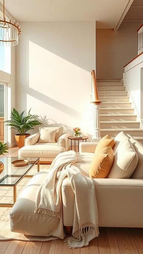 Ein maximalistisches Wohnzimmer mit einem modernen Sofa, warmen Holztönen und Pflanzen.