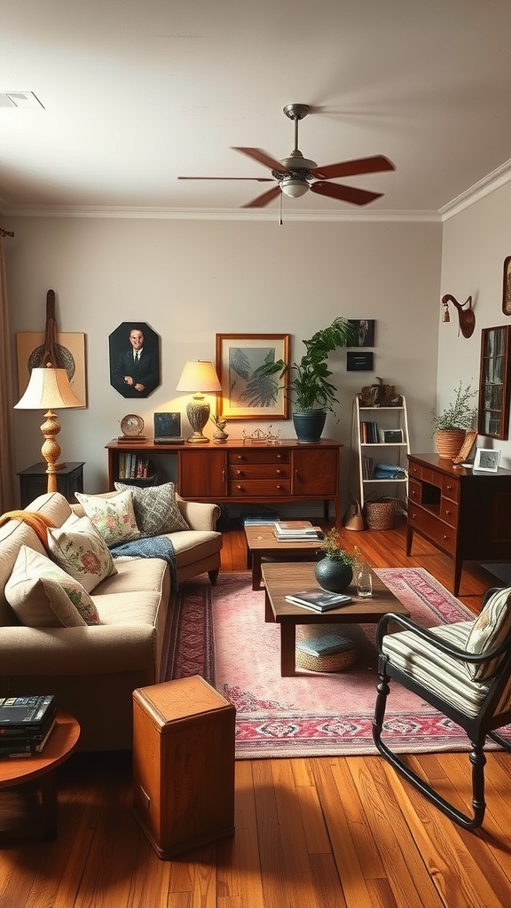 Cozy living room with vintage and modern furniture, featuring a mix of styles.