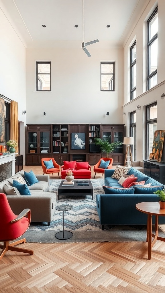 A stylish living room featuring a mix of vintage and modern furniture in vibrant colors.
