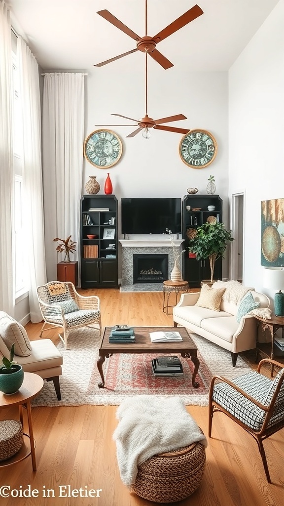 A cozy living room featuring a mix of vintage and modern furniture, with high ceilings, large windows, and decorative accents.