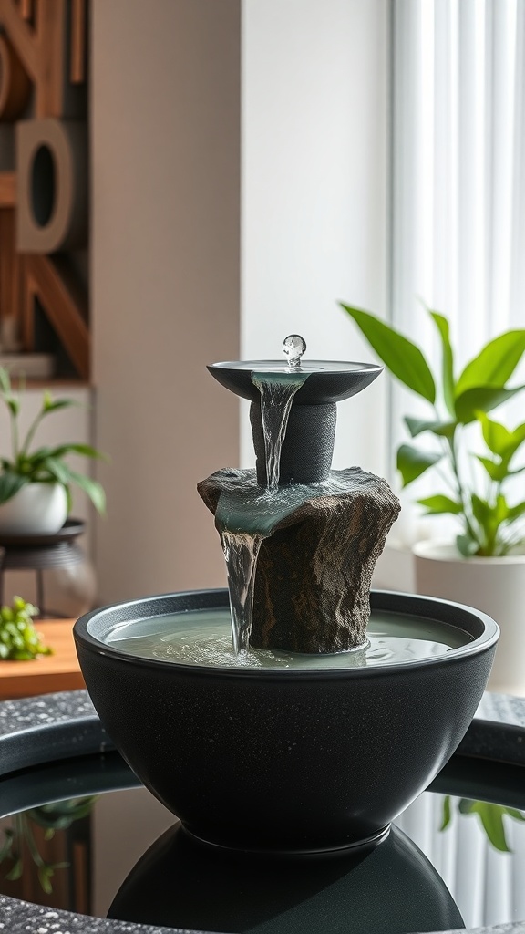 A modern acrylic indoor fountain featuring a textured rock and flowing water, surrounded by indoor plants.