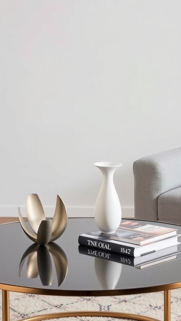 A modern coffee table arrangement featuring a gold sculpture, a white vase, and stacked books on a black tabletop.