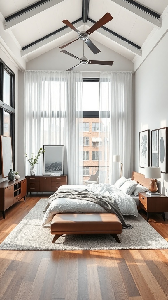 A modern bedroom featuring large windows, minimalist furniture, and modern art displays on the walls.
