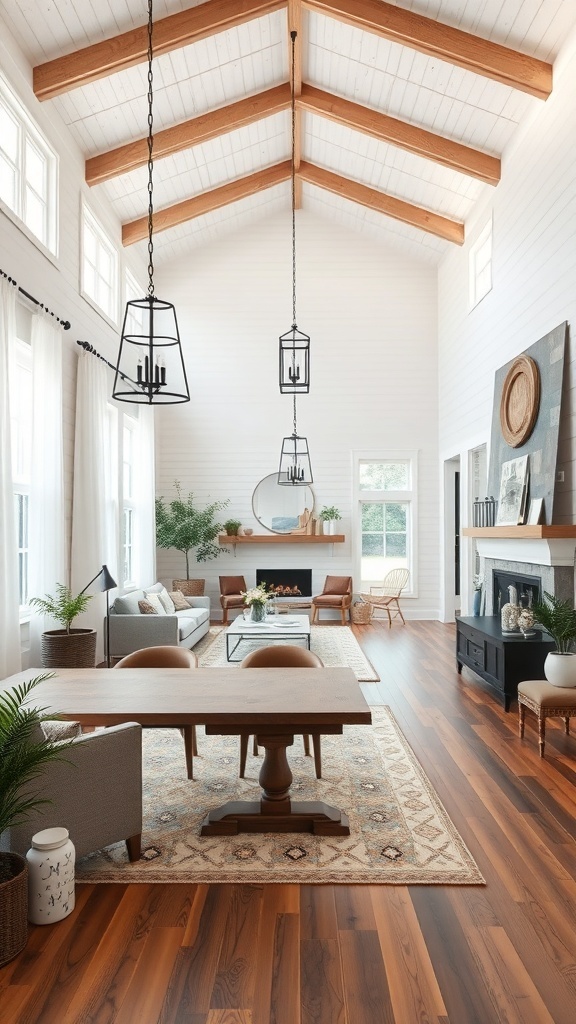 Open concept living and dining room with high wooden beams, cozy furniture, and a fireplace.