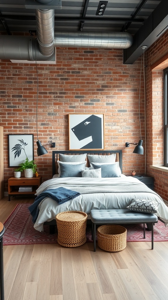 A modern industrial bedroom featuring exposed brick walls, sleek metal accents, and minimalistic furniture.